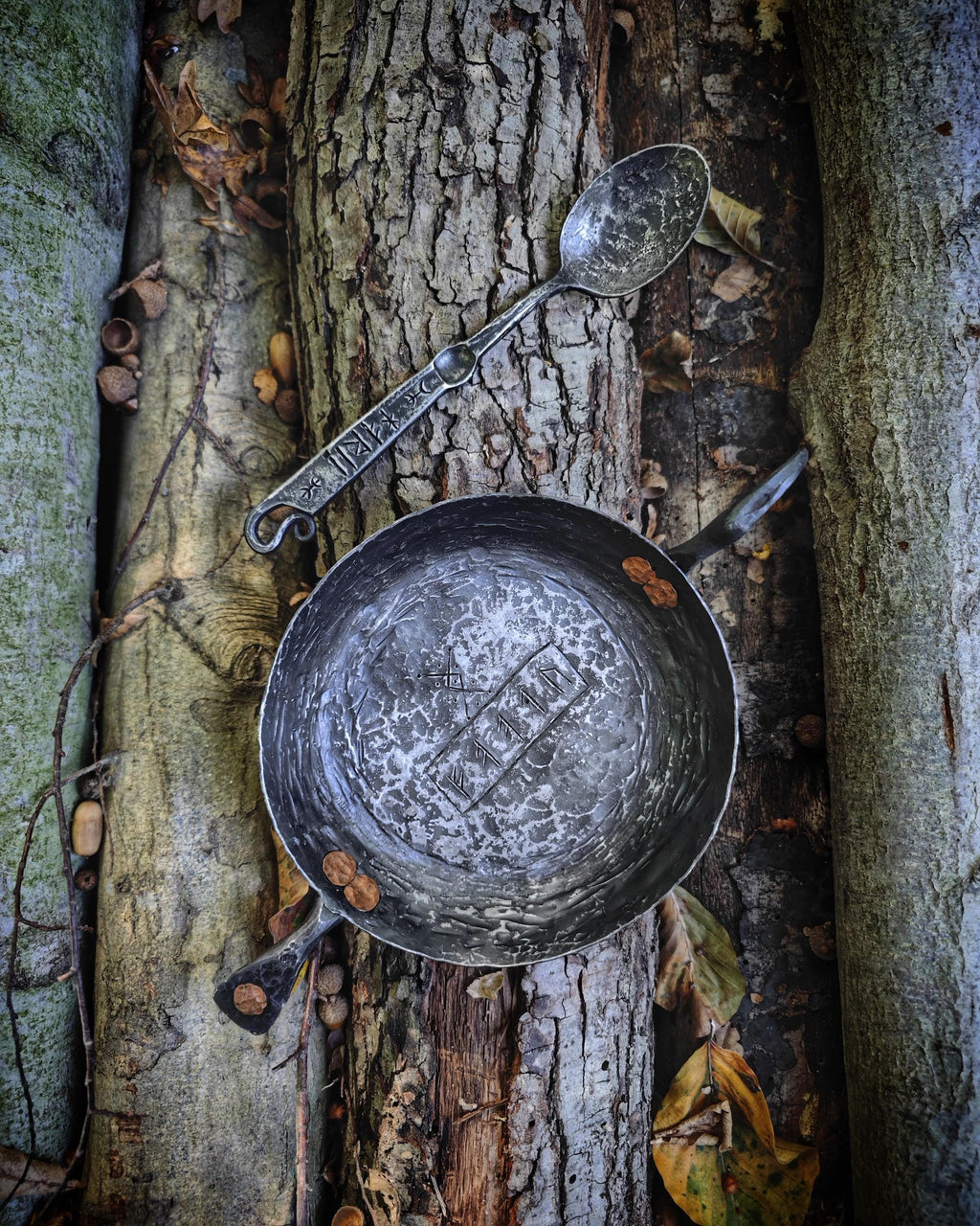 Viking Flame: Handmade Iron Pan and Spoon Set | Authentic Art with Genuine Leather Bag primitive camper set up