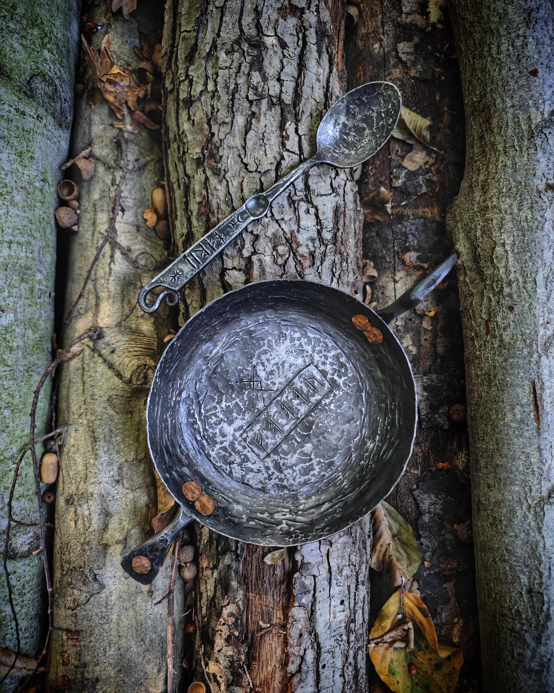 Viking Flame: Handmade Iron Pan and Spoon Set | Authentic Art with Genuine Leather Bag primitive camper set up