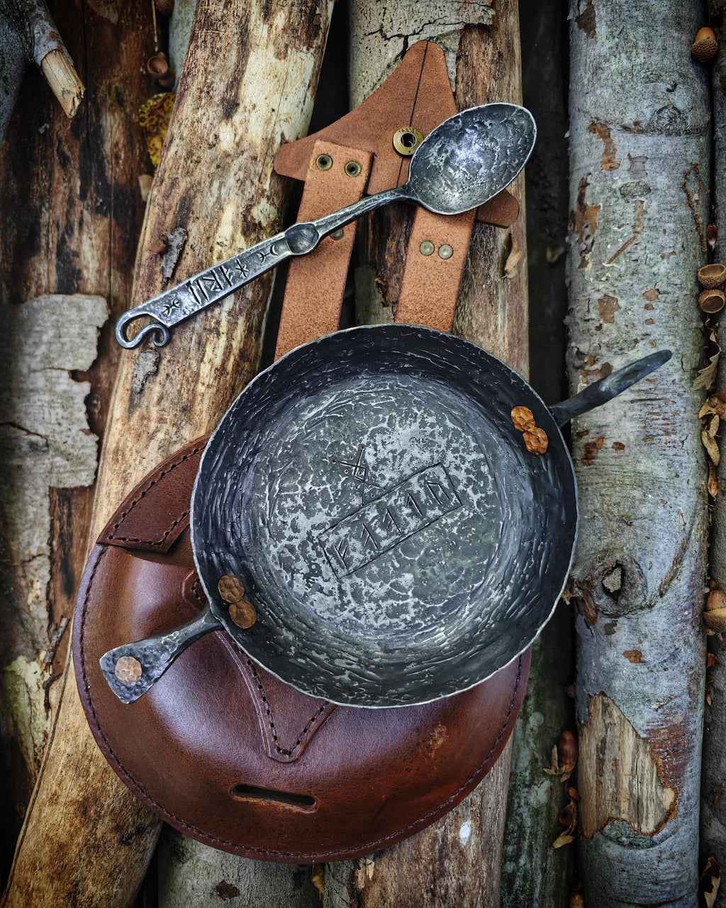 Viking Flame: Handmade Iron Pan and Spoon Set | Authentic Art with Genuine Leather Bag primitive camper set up