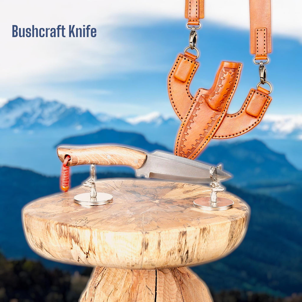 Shoulder-carry leather sheath bushcraft knife! Upper false edge allows spear use, ergonomic grip ensures control and power.