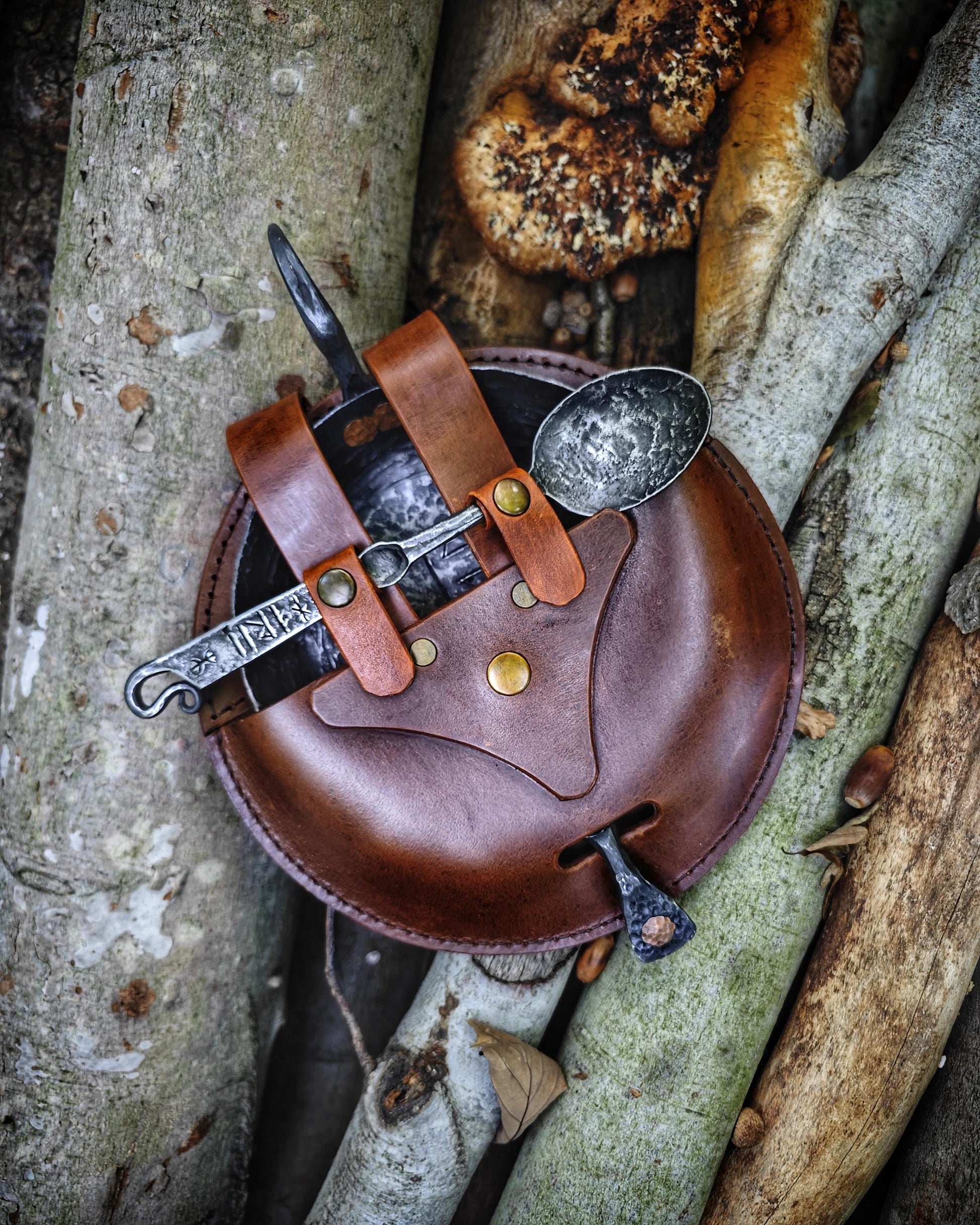 Viking Flame: Handmade Iron Pan and Spoon Set | Authentic Art with Genuine Leather Bag primitive camper set up