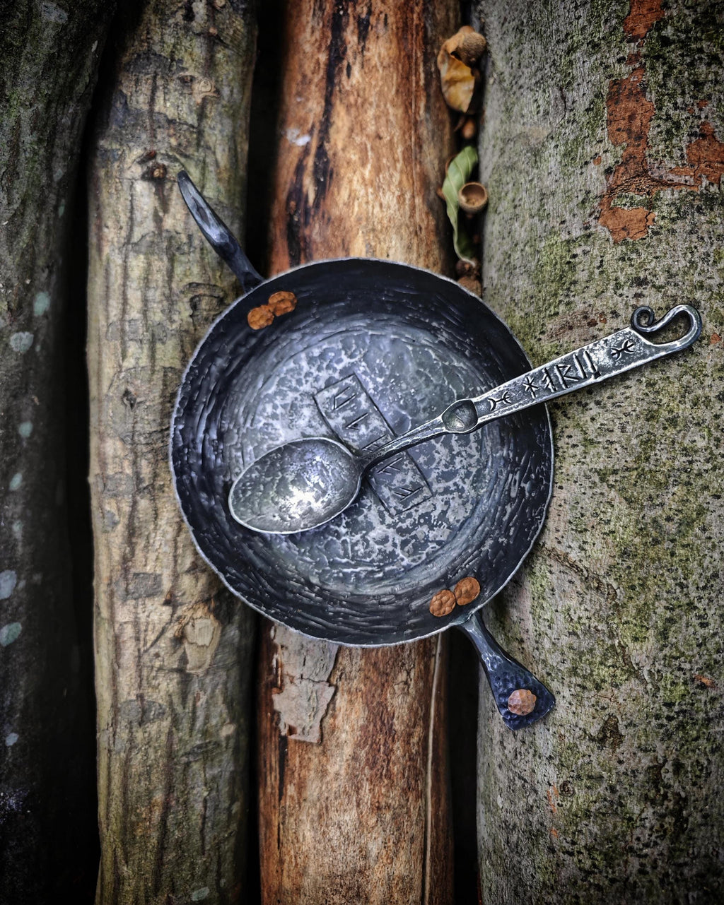 Viking Flame: Handmade Iron Pan and Spoon Set | Authentic Art with Genuine Leather Bag primitive camper set up