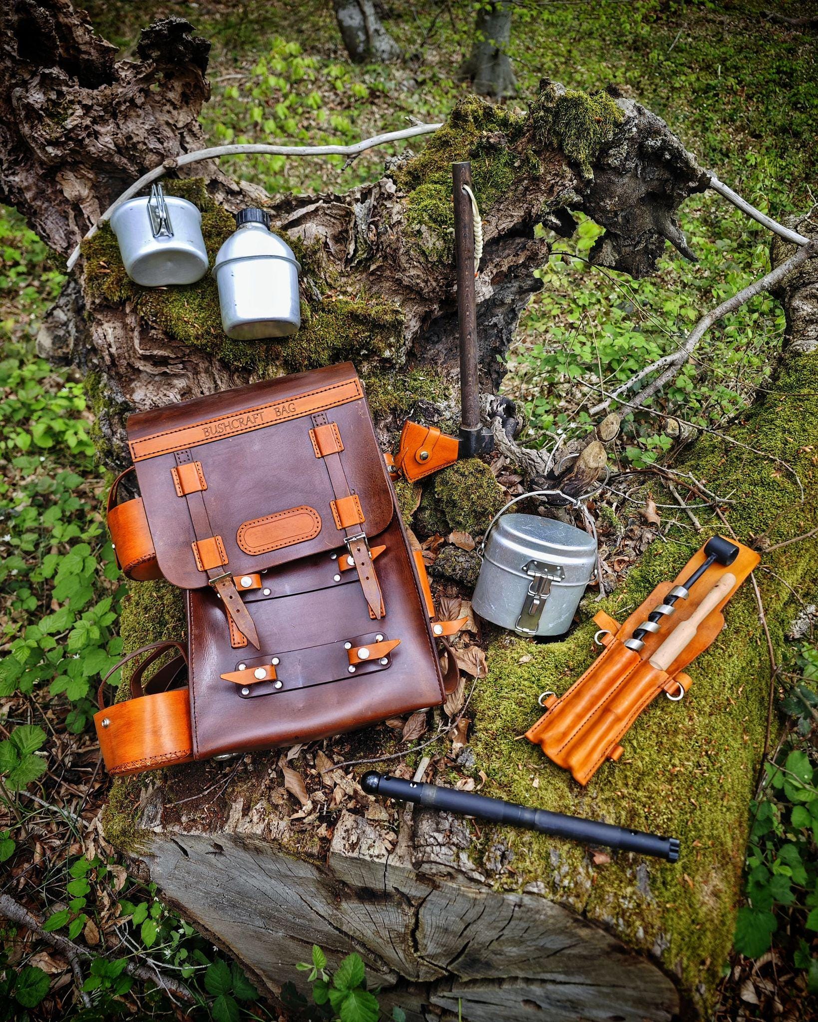 Full Grain Leather Bushcraft Pack – Survival Set with Forged Axe, Swedish Camp Stove, Cooking Pan, Water Canteen &amp; Bow Saw