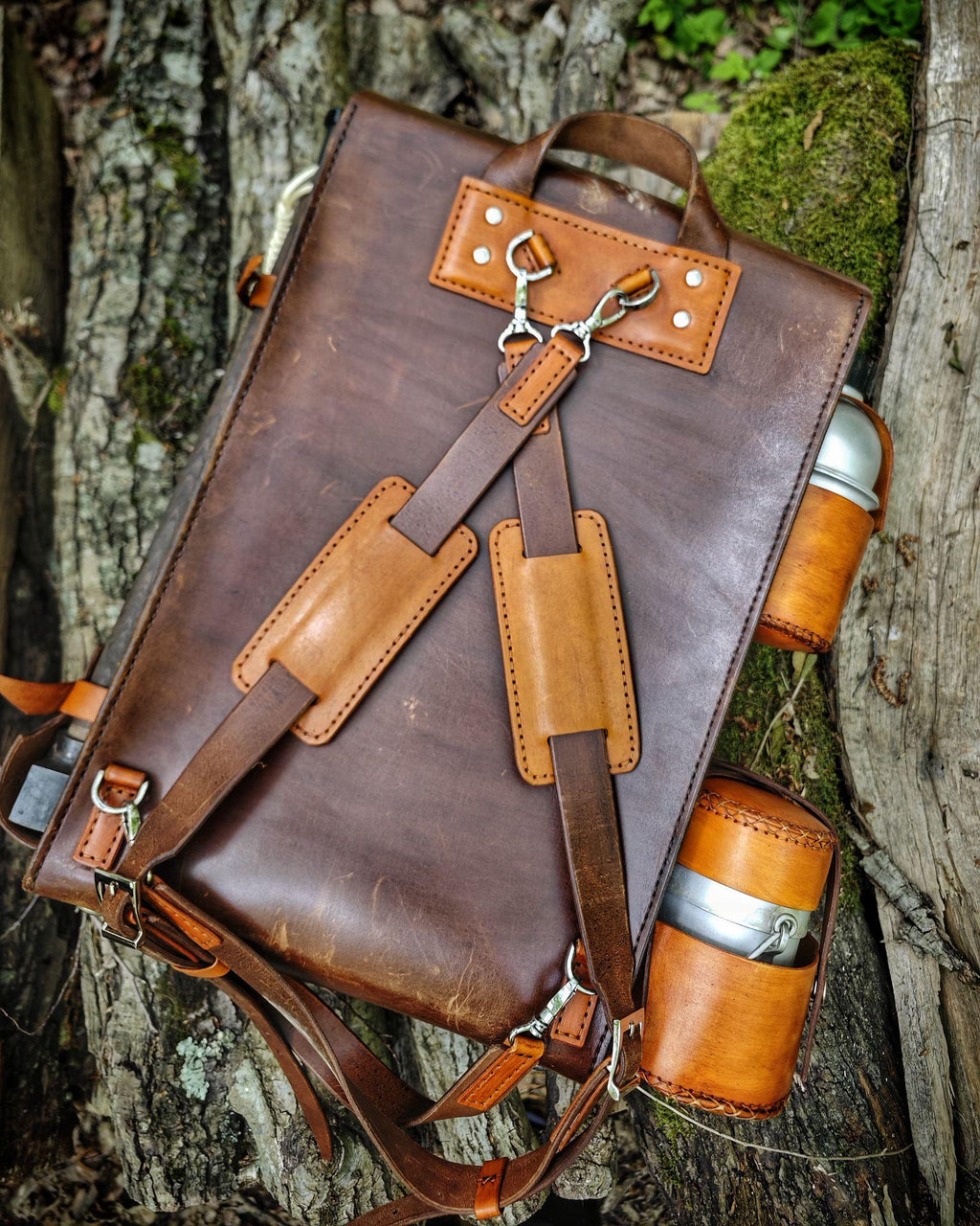 Handmade Leather Bushcraft Backpack – Includes Forged Axe, Swedish Stove with Pan, Canteen, Auger &amp; Folding Bow Saw
