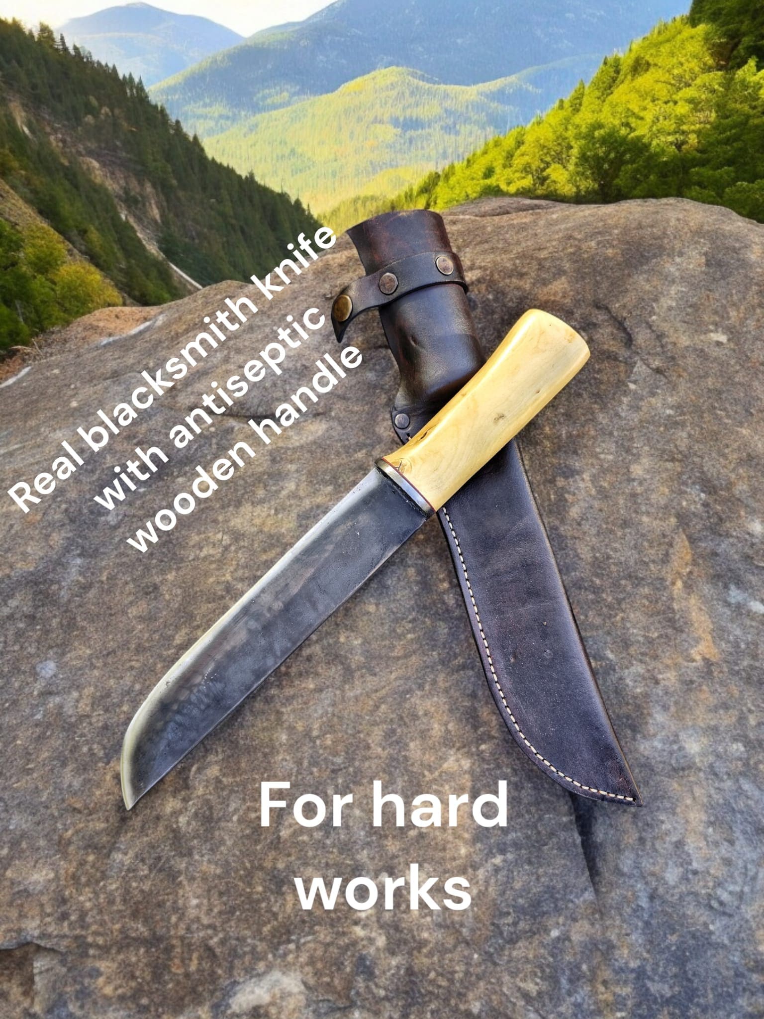 Real blacksmith knife with genuie leather sheath and also Boxwood wooden handle Especially useful in courtyards.