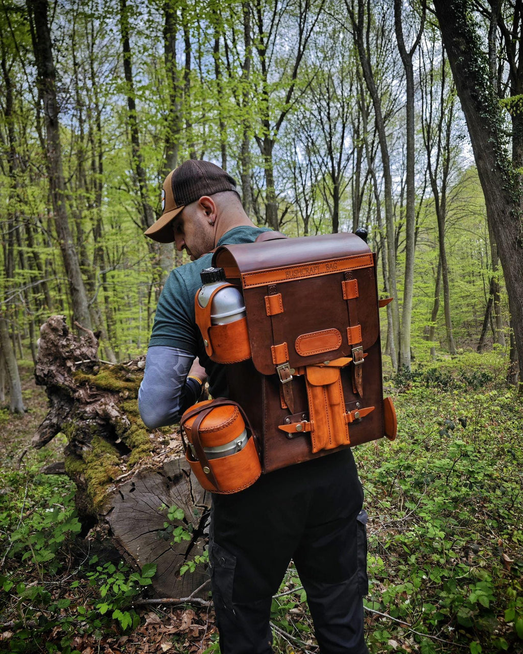 Handmade Leather Bushcraft Backpack – Includes Forged Axe, Swedish Stove with Pan, Canteen, Auger &amp; Folding Bow Saw