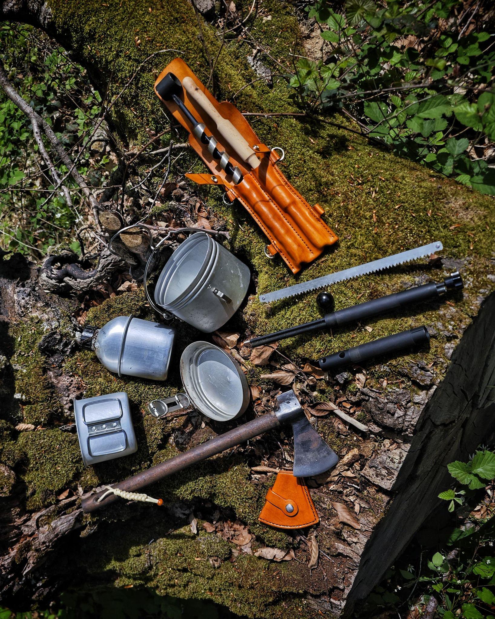 Handmade Leather Bushcraft Backpack – Includes Forged Axe, Swedish Stove with Pan, Canteen, Auger &amp; Folding Bow Saw