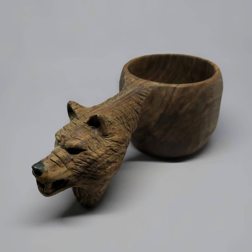 Hand carved eco friendly wooden wolf carved kuksa , mug , birch tumbler, natural , Scandi nordic cup, portable camping cup, Kitchen Decor