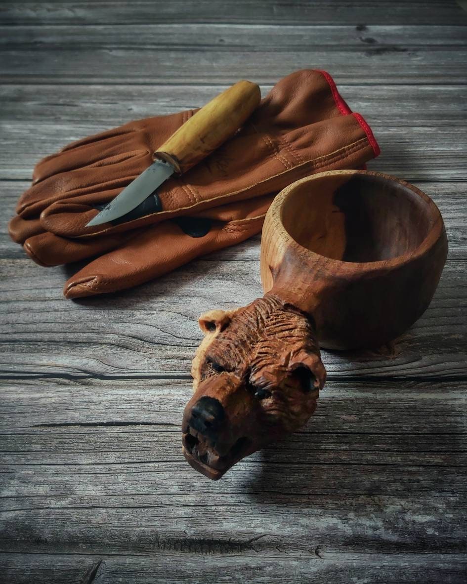 bear mug kuksa Hand carved eco friendly wooden  bearcarved kuksa , mug , birch tumbler, natural , Scandi nordic cup, portable camping cup