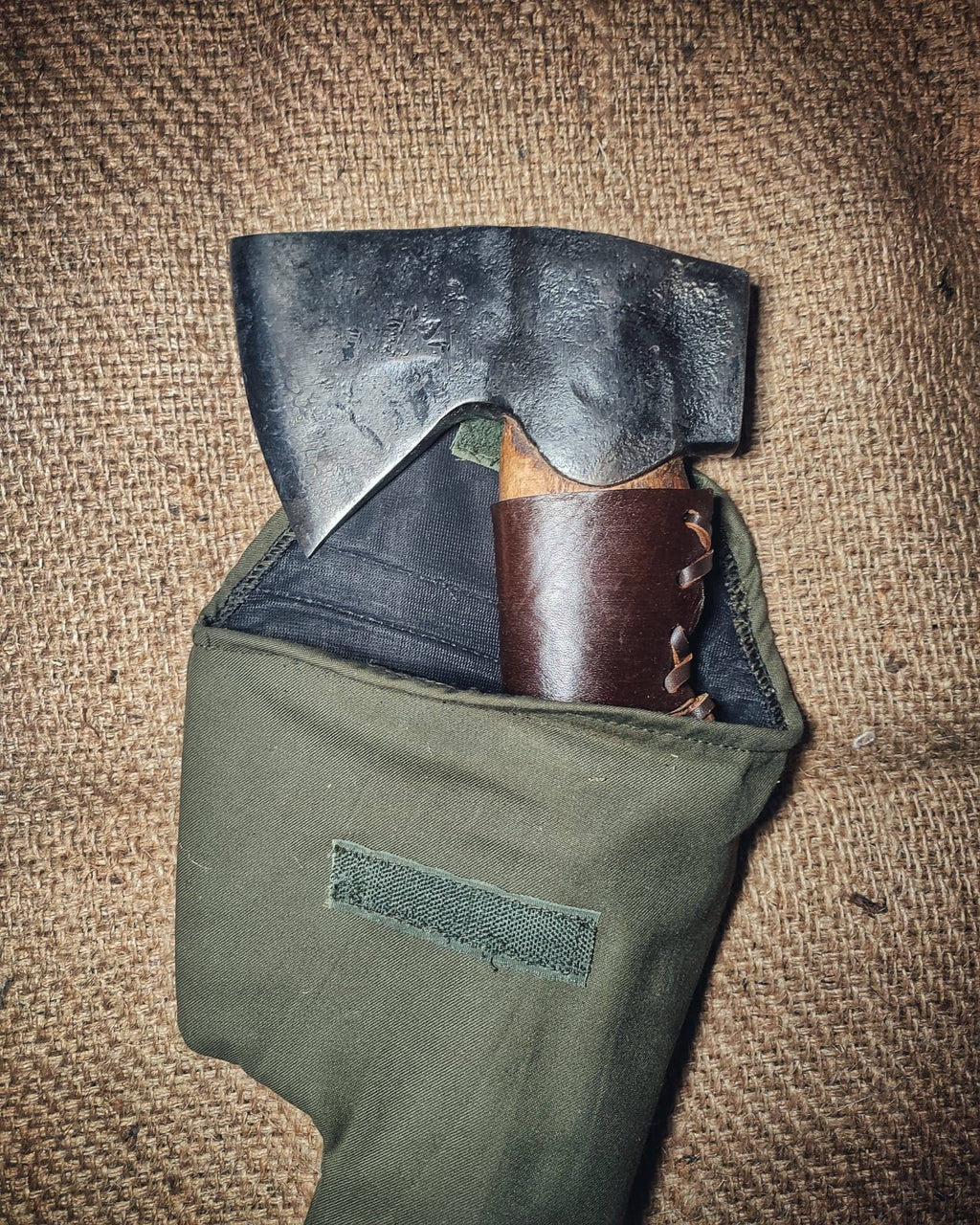 blacksmith hand forge small carving axe carpenter tool with leather sheath and canvas bag