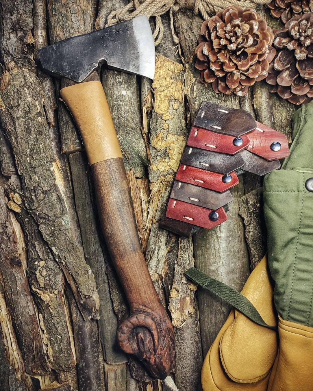 Handcrafted Hot-Forged Iron Ax and Leather Sheaths