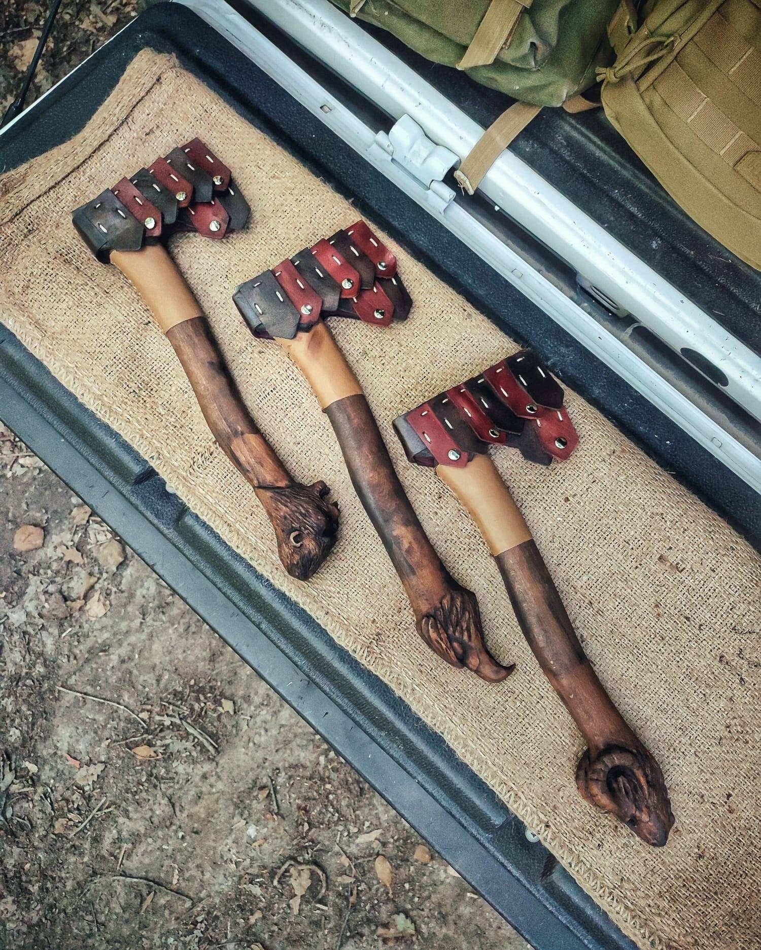 Handcrafted Hot-Forged Iron Ax and Leather Sheaths