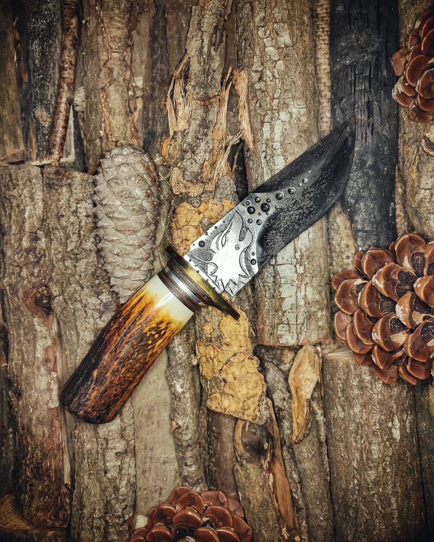 Handmade Carbon Steel Knife with Deer Antler Handle and Engraved Blade Knife