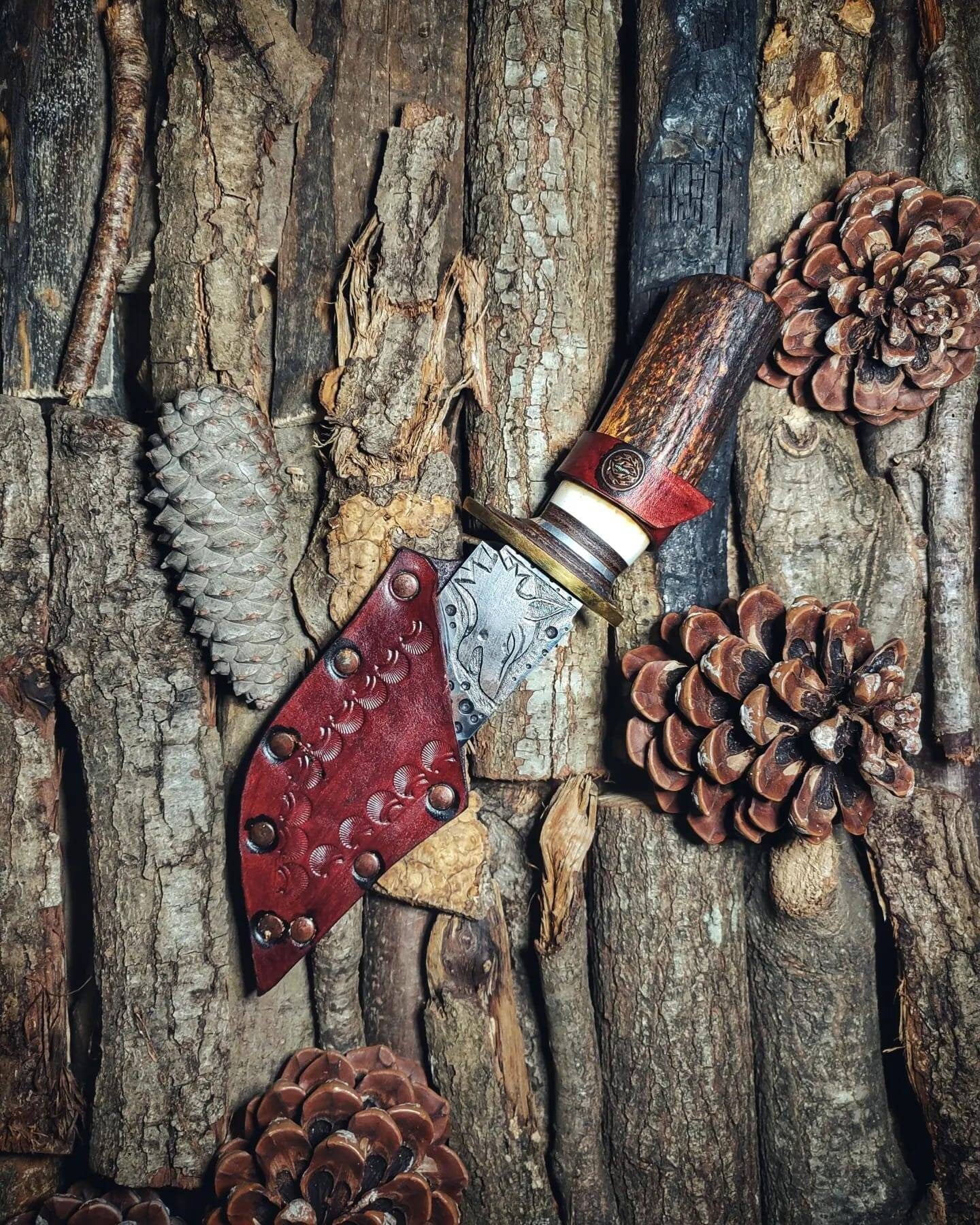 Handmade Carbon Steel Knife with Deer Antler Handle and Engraved Blade Knife