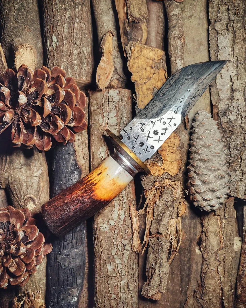 Handmade Carbon Steel Knife with Deer Antler Handle and Engraved Blade Knife