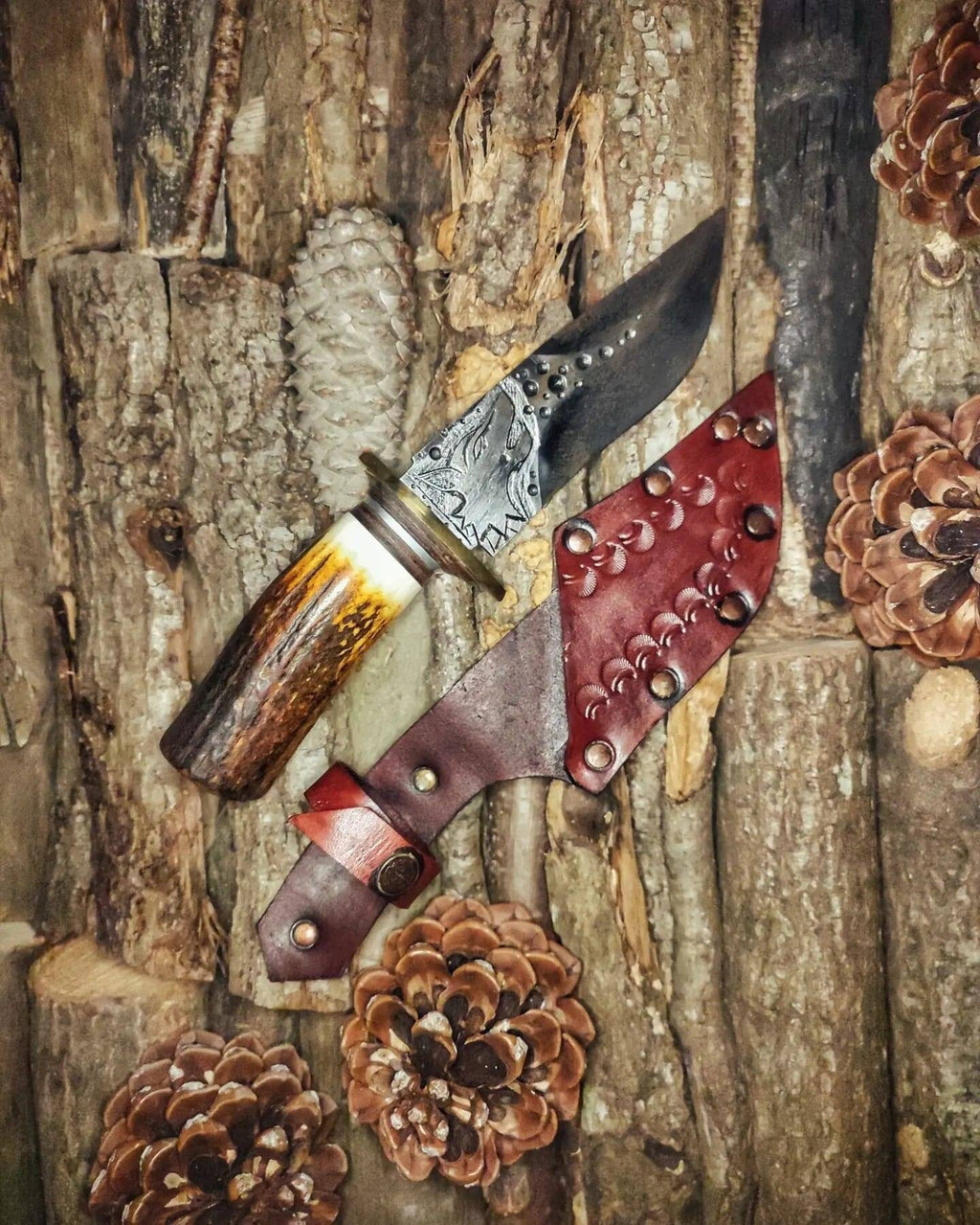 Handmade Carbon Steel Knife with Deer Antler Handle and Engraved Blade Knife