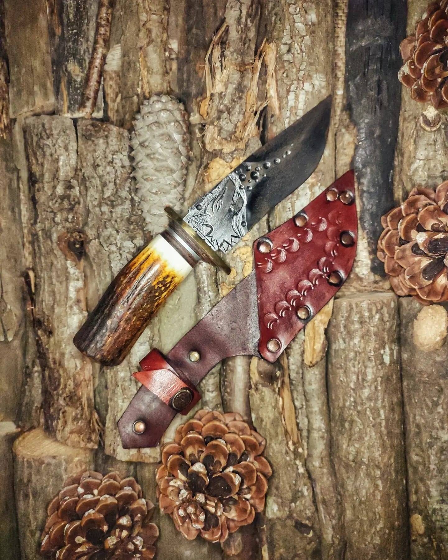 Handmade Carbon Steel Knife with Deer Antler Handle and Engraved Blade Knife