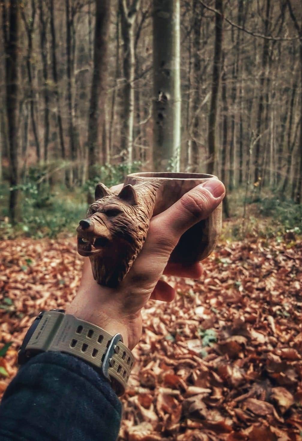 Hand carved eco friendly wooden wolf carved kuksa , mug , birch tumbler, natural , Scandi nordic cup, portable camping cup, Kitchen Decor