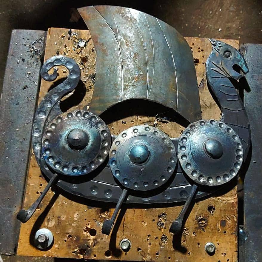 Blacksmith hand forged viking ship key holder. Key rack with 3 hacks