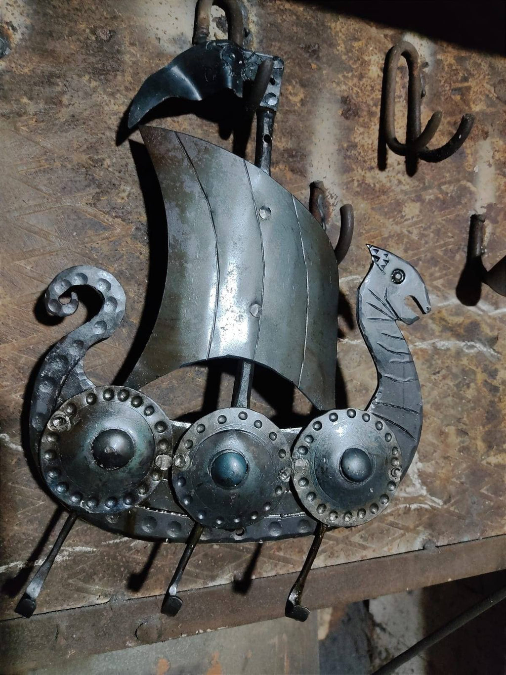 Blacksmith hand forged viking ship key holder. Key rack with 3 hacks