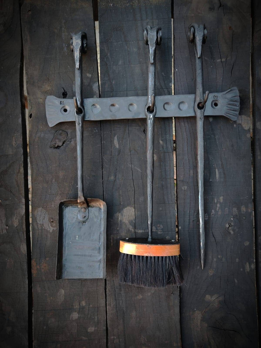 Blacksmith hand forged fireplace tools set shovel poker brush