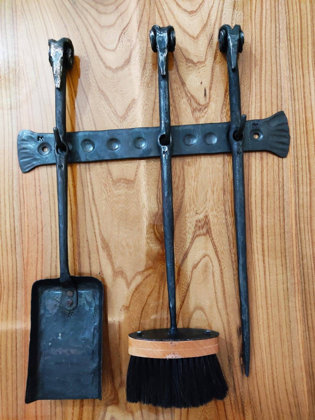 Blacksmith hand forged fireplace tools set shovel poker brush