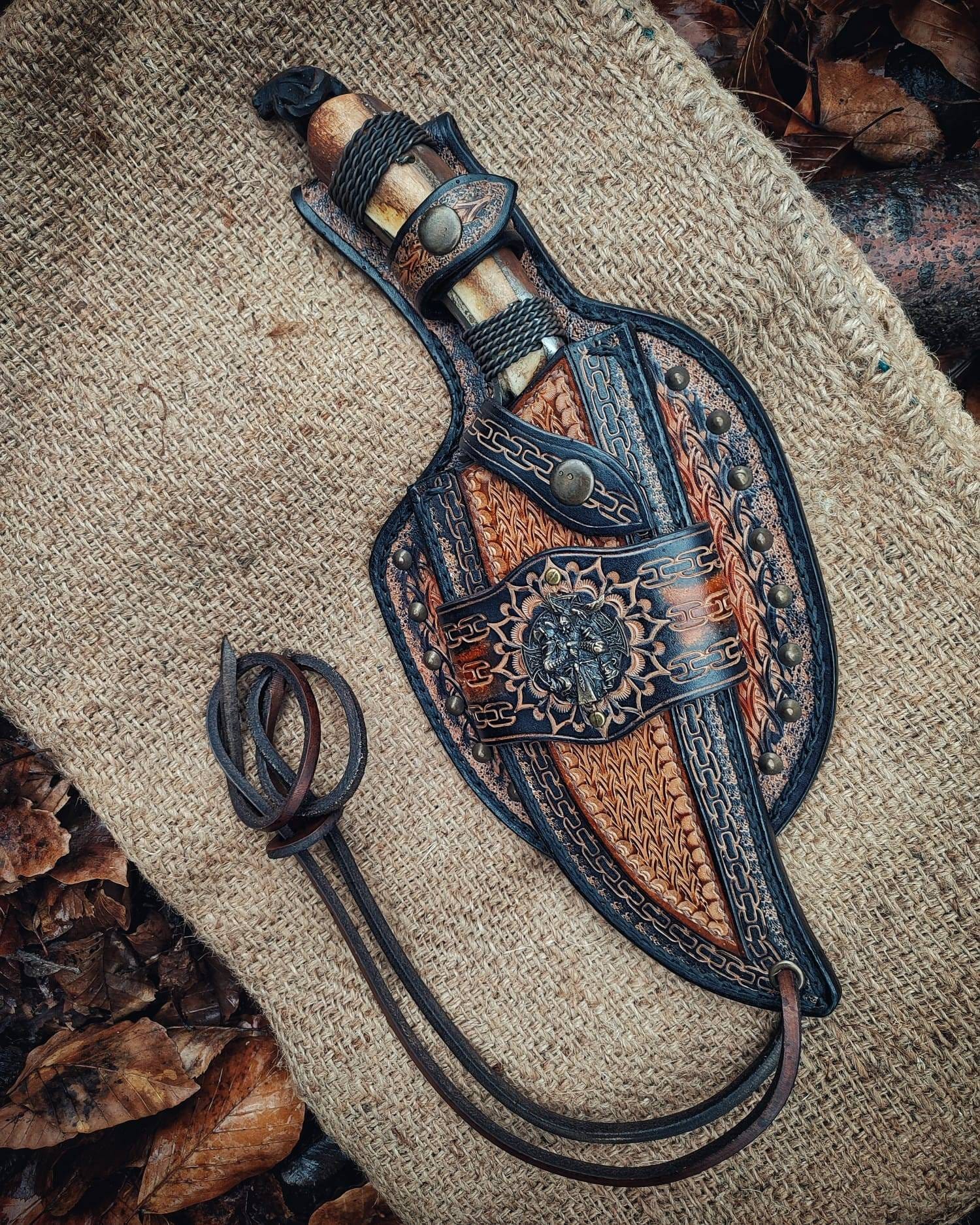 Custom handmade hand forged blacksmith primitive knife with leather sheath