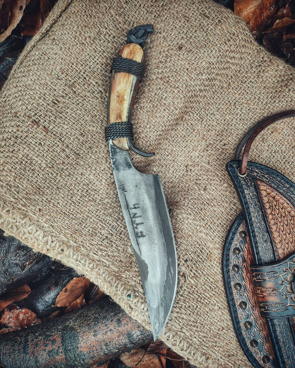 Custom handmade hand forged blacksmith primitive knife with leather sheath