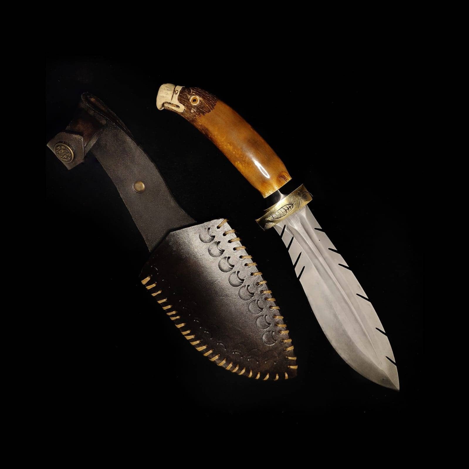 Handmade Custom Knife with Eagle Head Figure and Leather Sheath