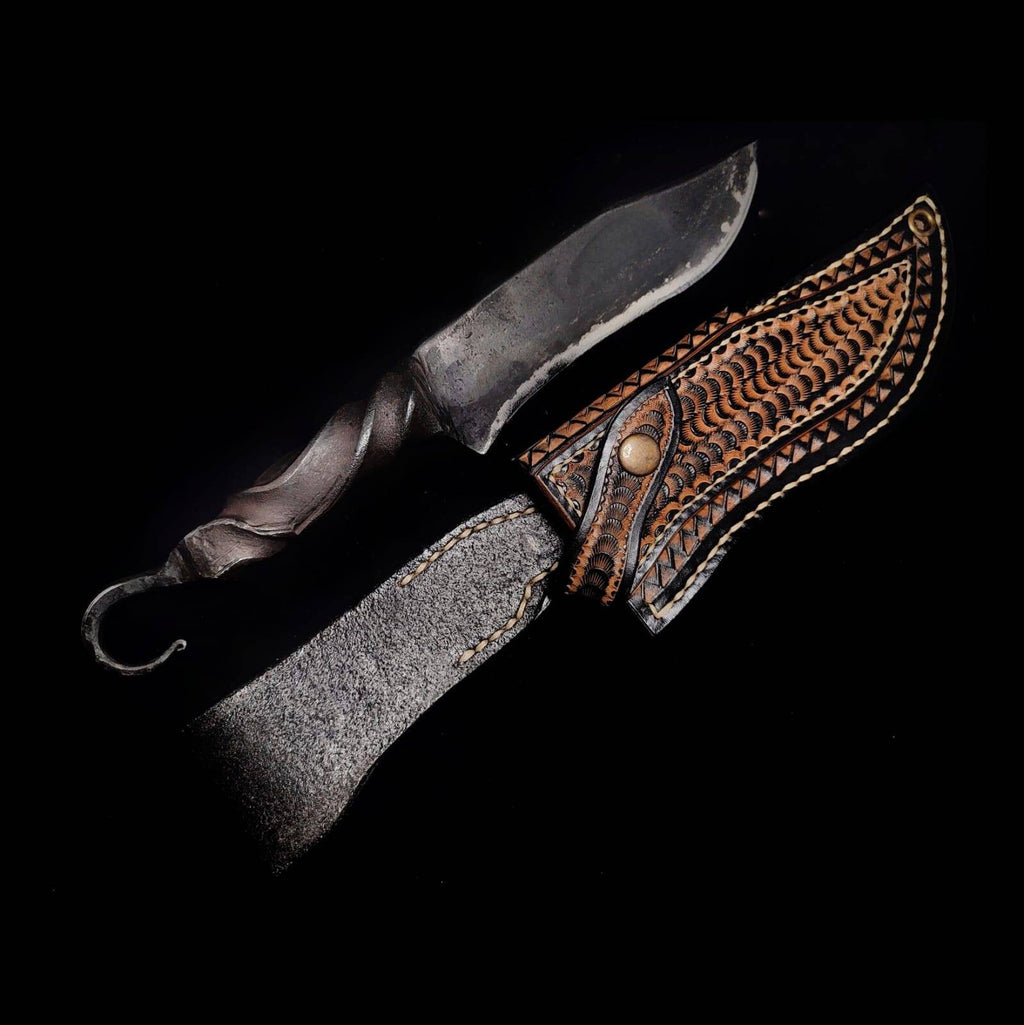 Blacksmith hand forged primitive style custom carbon steel knife with leather sheath