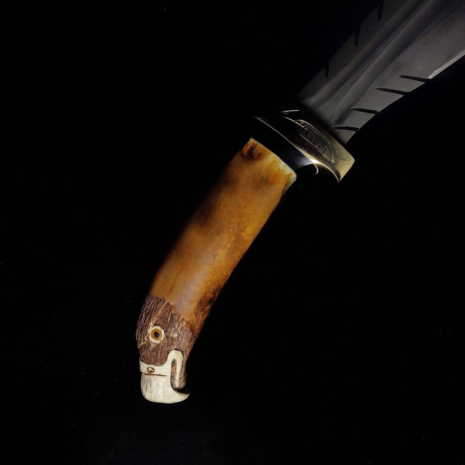 Handmade Custom Knife with Eagle Head Figure and Leather Sheath