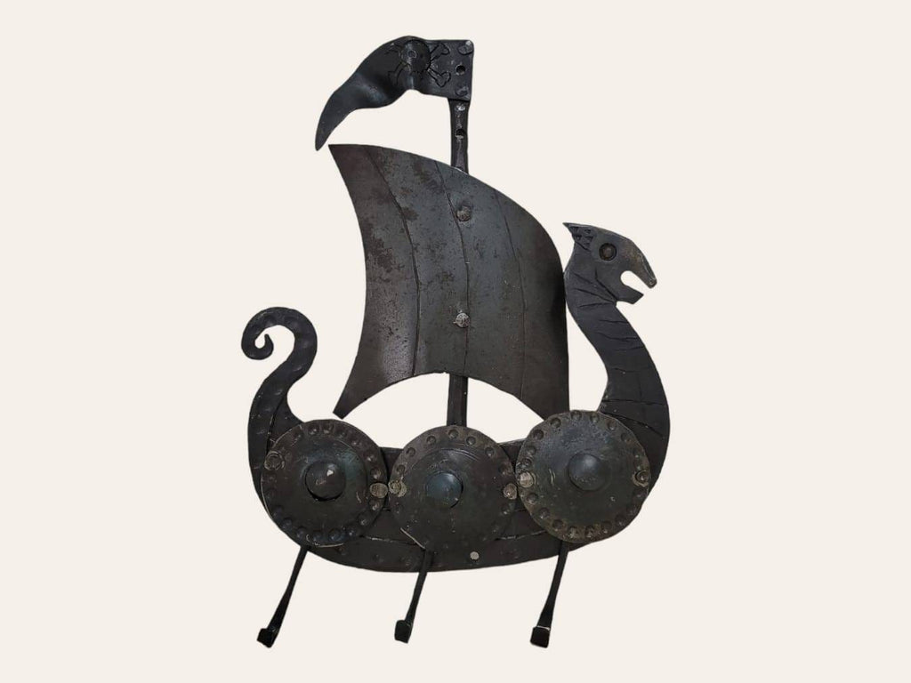 Blacksmith hand forged viking ship key holder. Key rack with 3 hacks