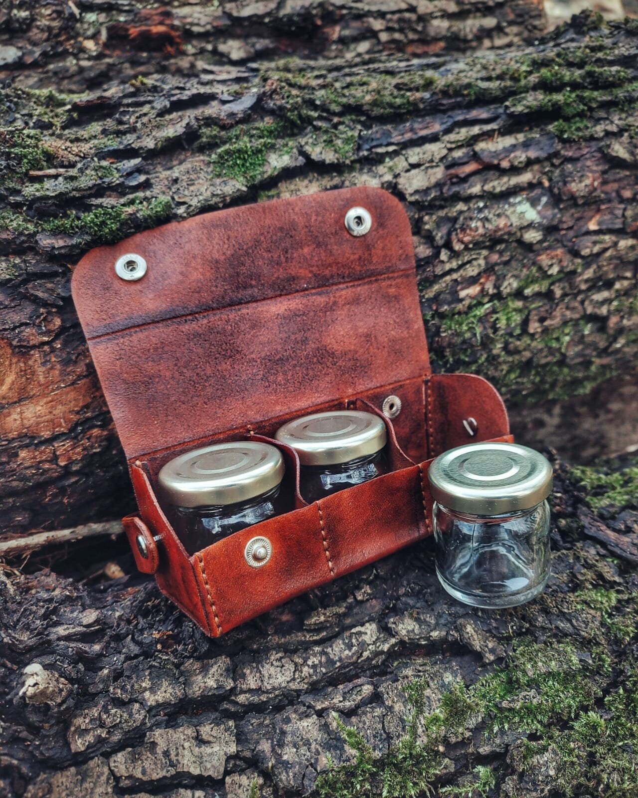 Spice Set with Genuine Leather Wrapped Small Glass Jars - 2 Pieces