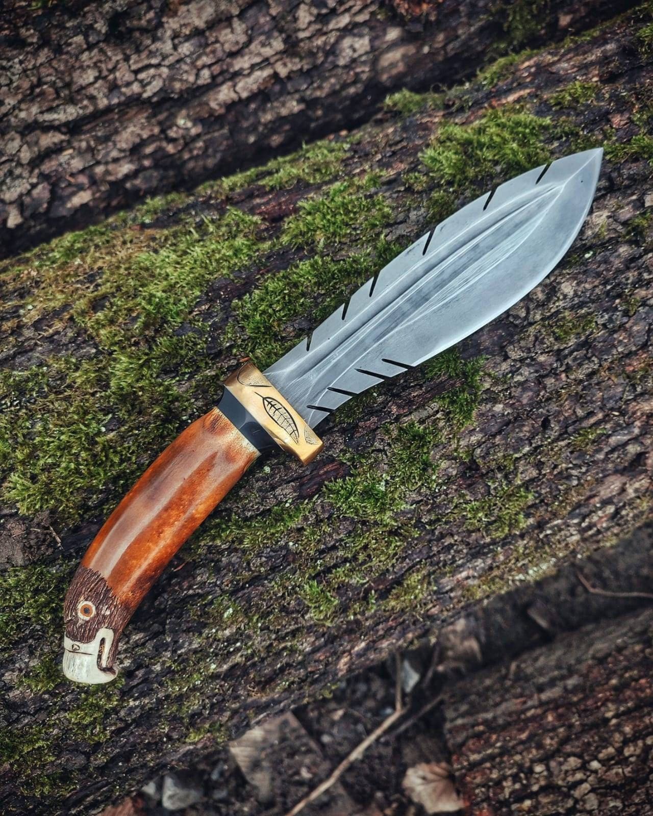 Handmade Custom Knife with Eagle Head Figure and Leather Sheath