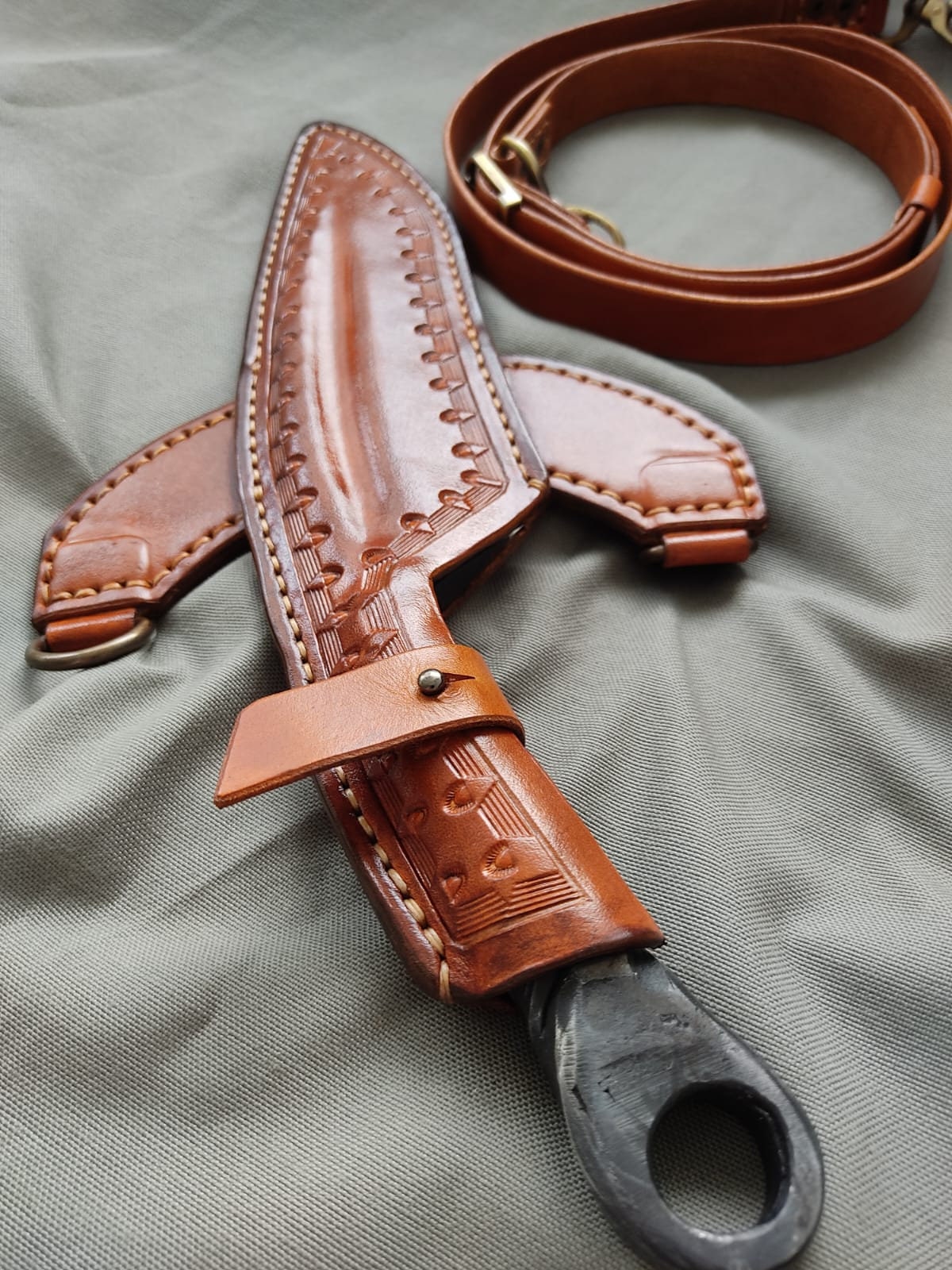 Handmade carbon steel survival knife with Back Sling and Leather Sheath