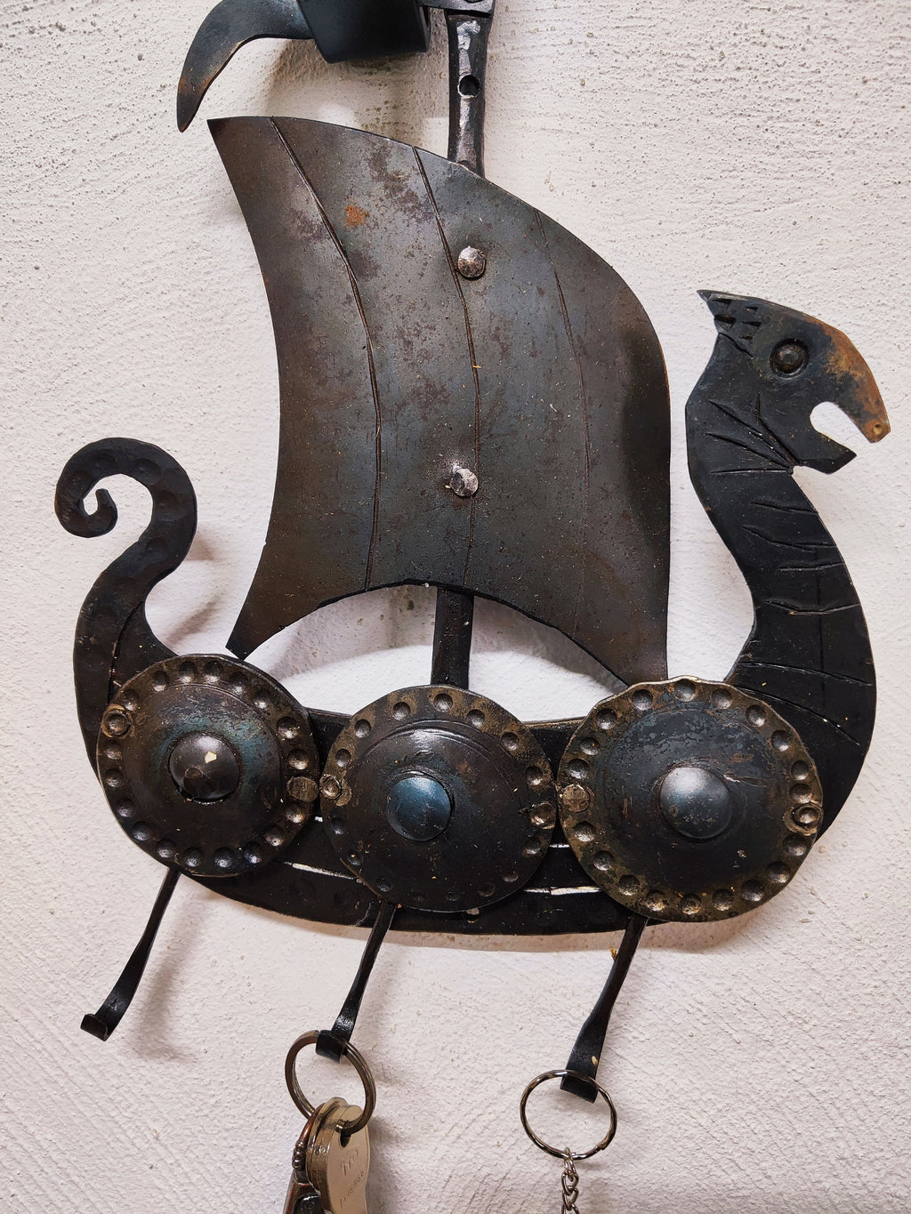 Blacksmith hand forged viking ship key holder. Key rack with 3 hacks