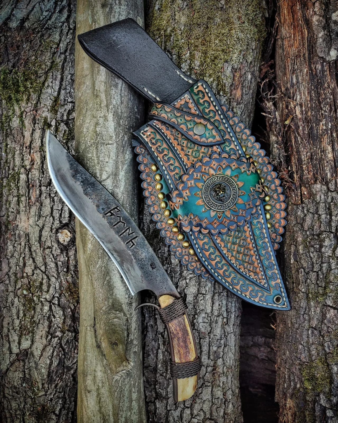 Custom handmade hand forged blacksmith artisan primitive knife with leather sheath bushcraft knife blacksmith art