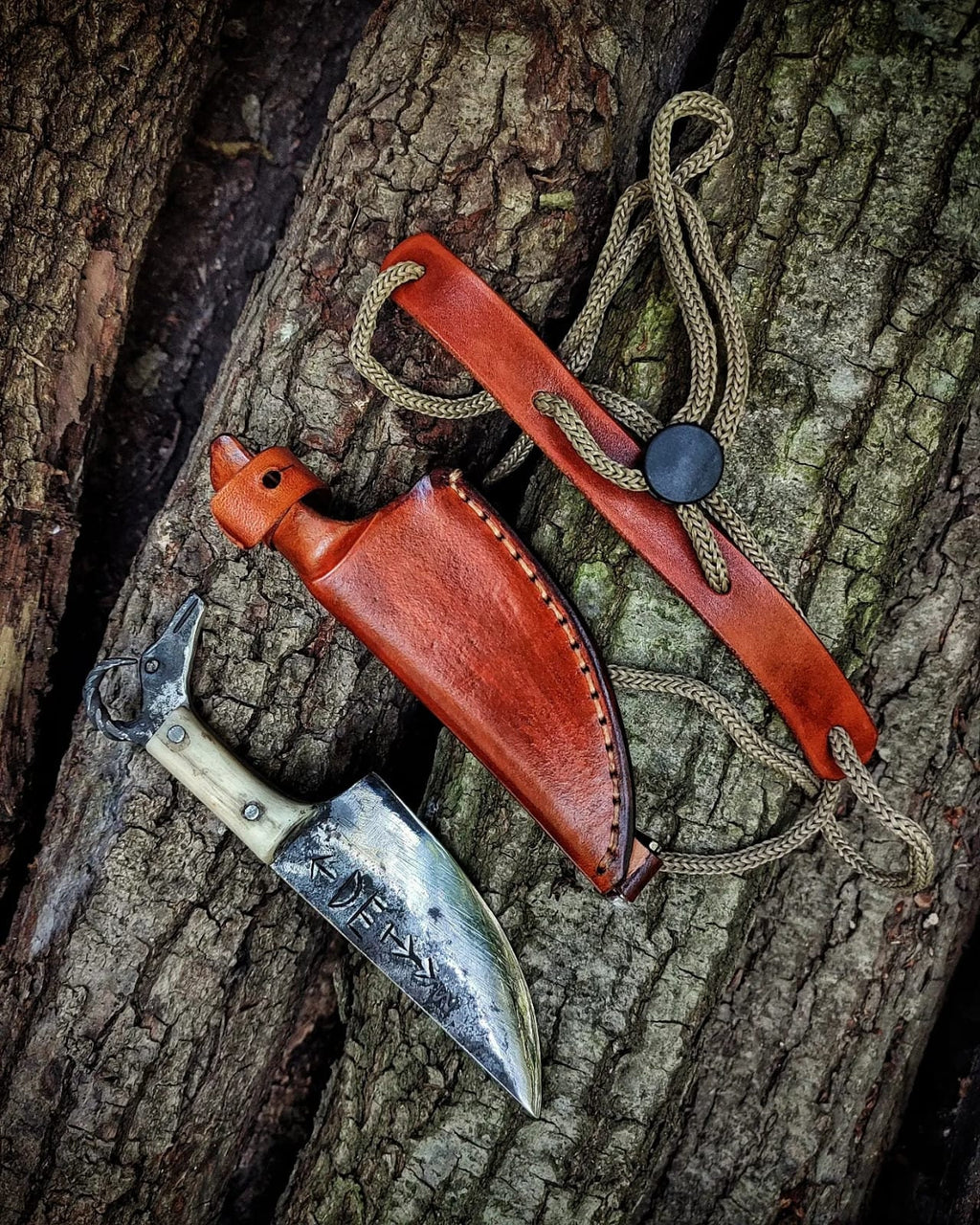 Blacksmith hand forge custom neck knife with leather sheath