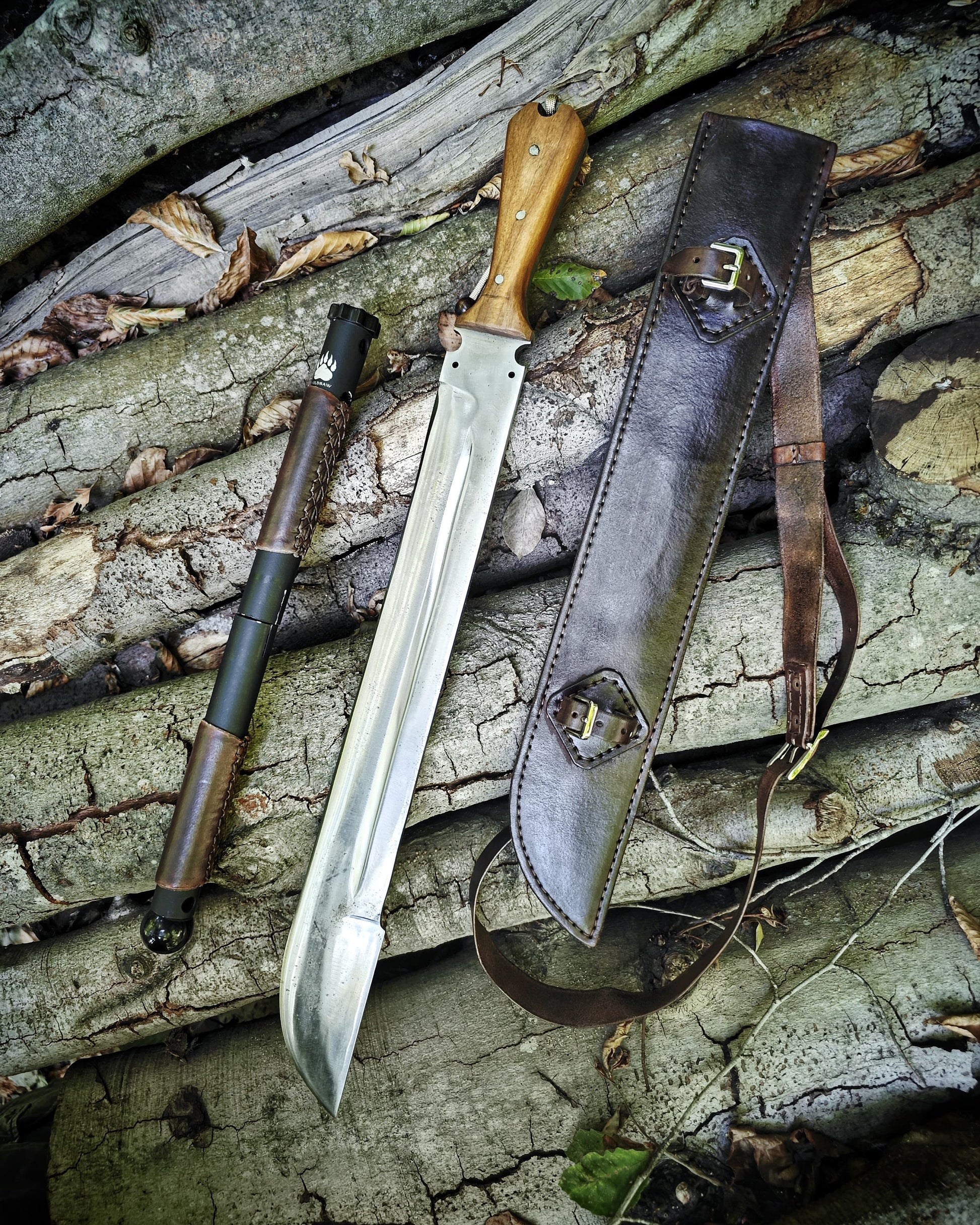 Perfect Pair for Nature Enthusiasts: Carbon Steel Forest Knife and Leather Sheathed Portable Bowsaw Saw Set