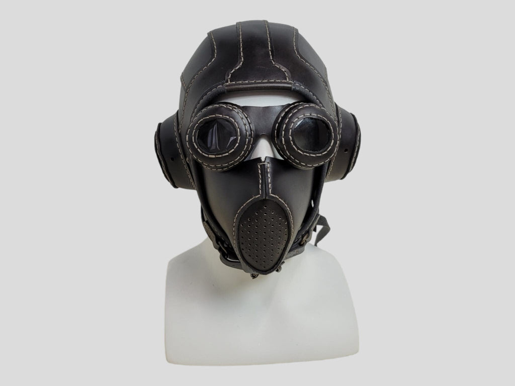 Handmade Leather Motorcycle Helmet, Mouthguard, and Goggles Set - Unique Masks for Cosplay and Parties