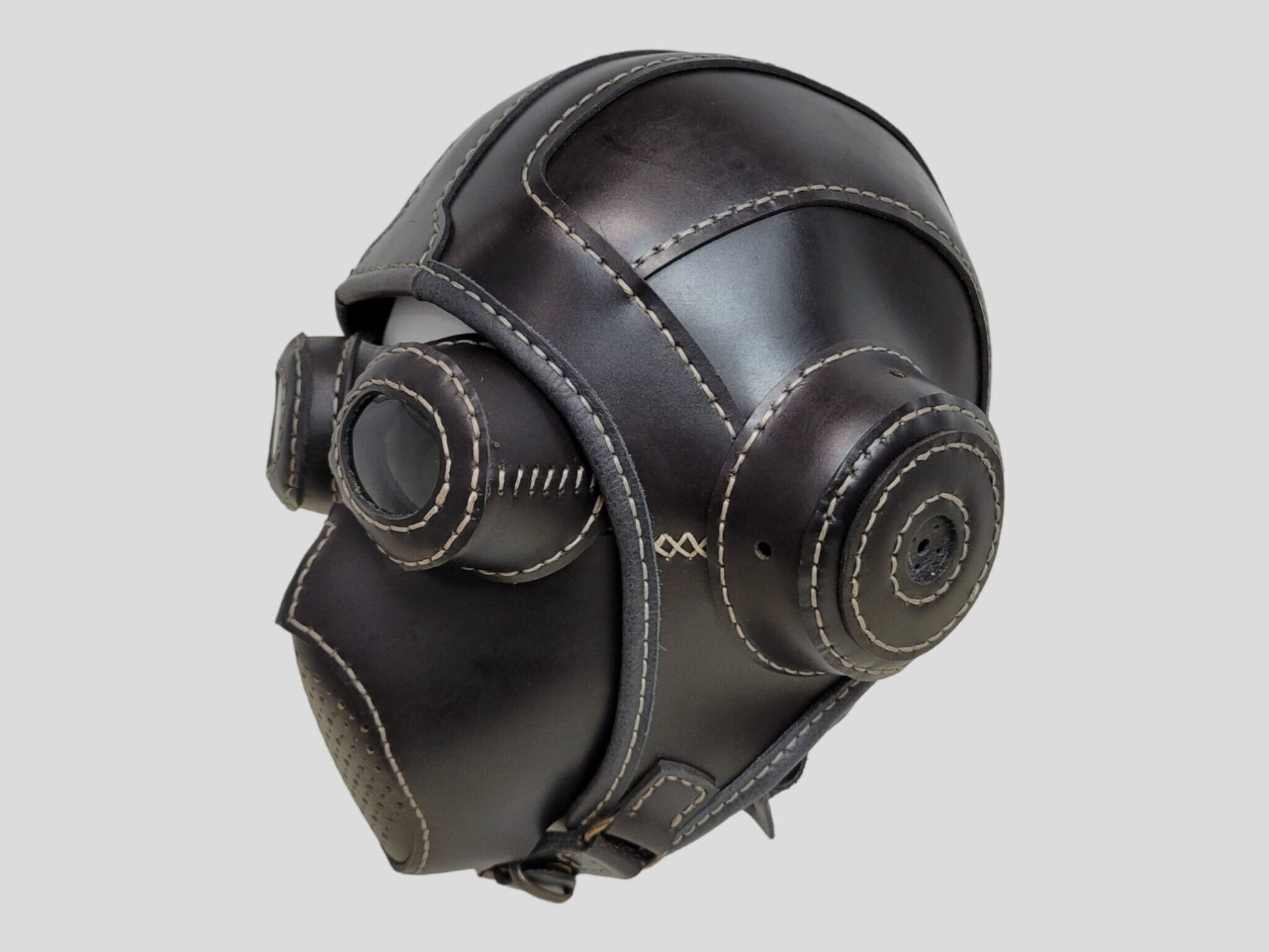 Handmade Leather Motorcycle Helmet, Mouthguard, and Goggles Set - Unique Masks for Cosplay and Parties