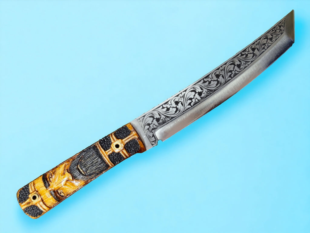Black blacksmith hand forge engraving custom knife