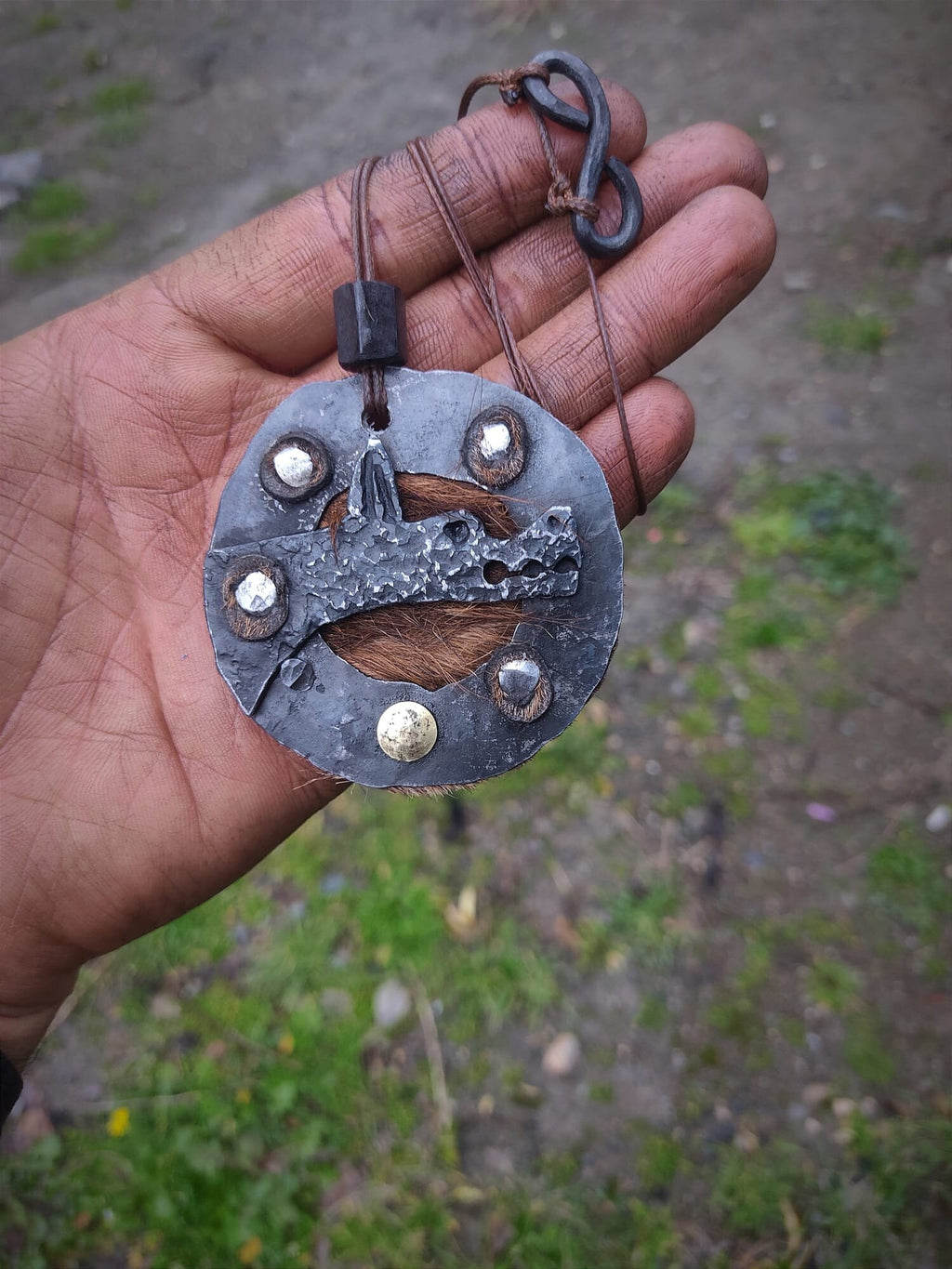 Handmade blacksmith primitive style alpha wolf pendant necklace