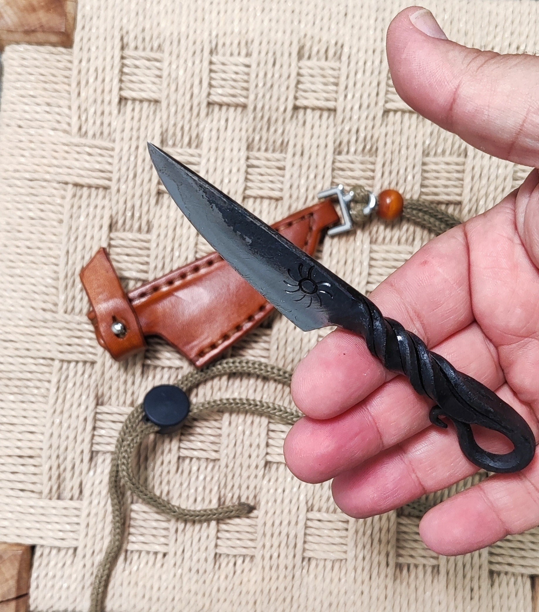 blacksmith neck knife with leather sheath