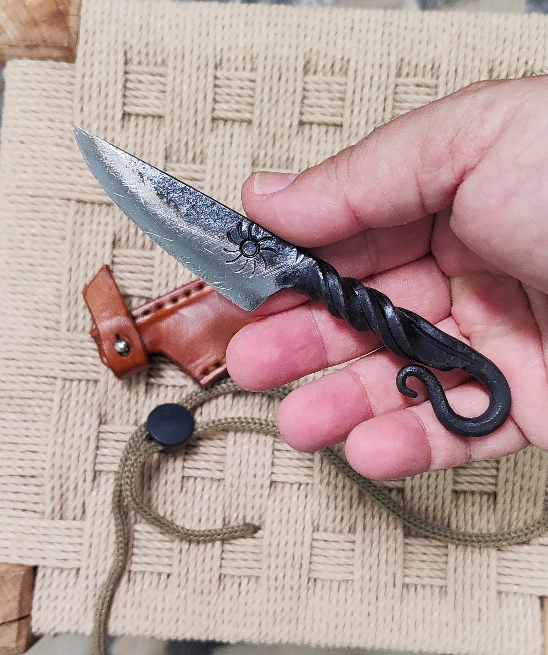 blacksmith neck knife with leather sheath