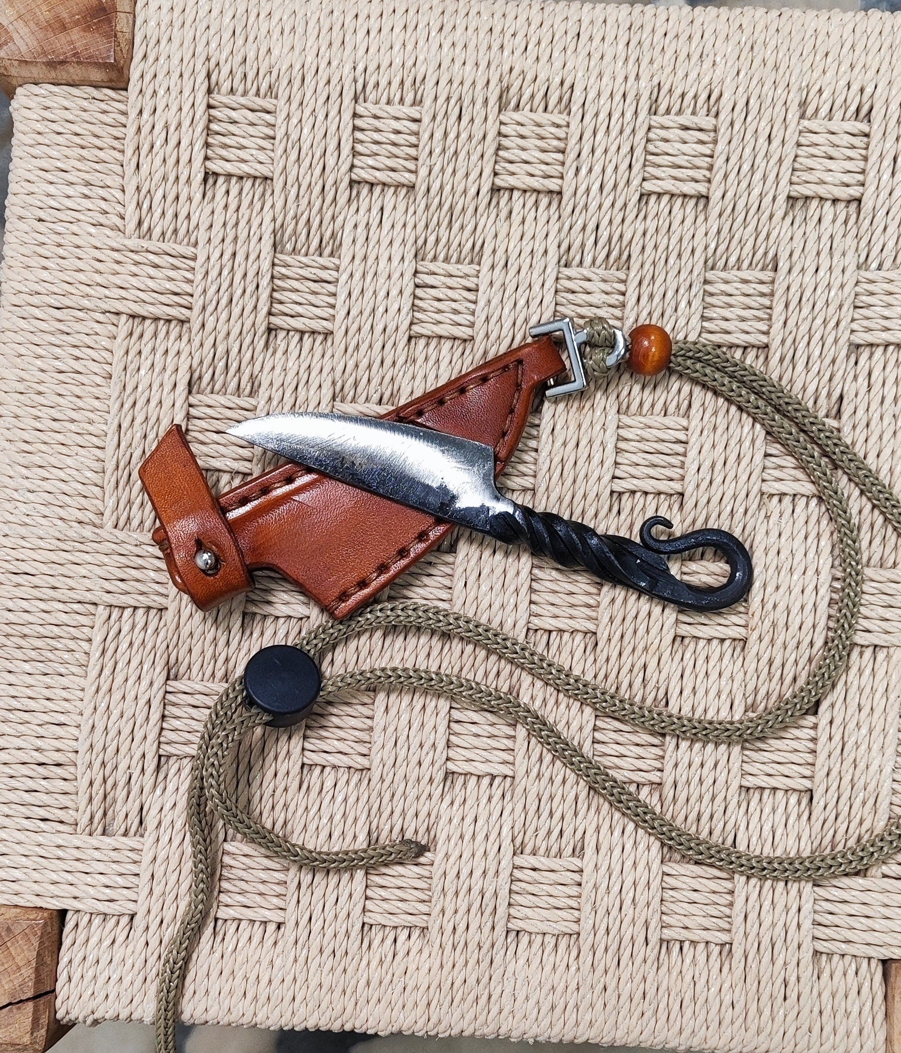 blacksmith neck knife with leather sheath