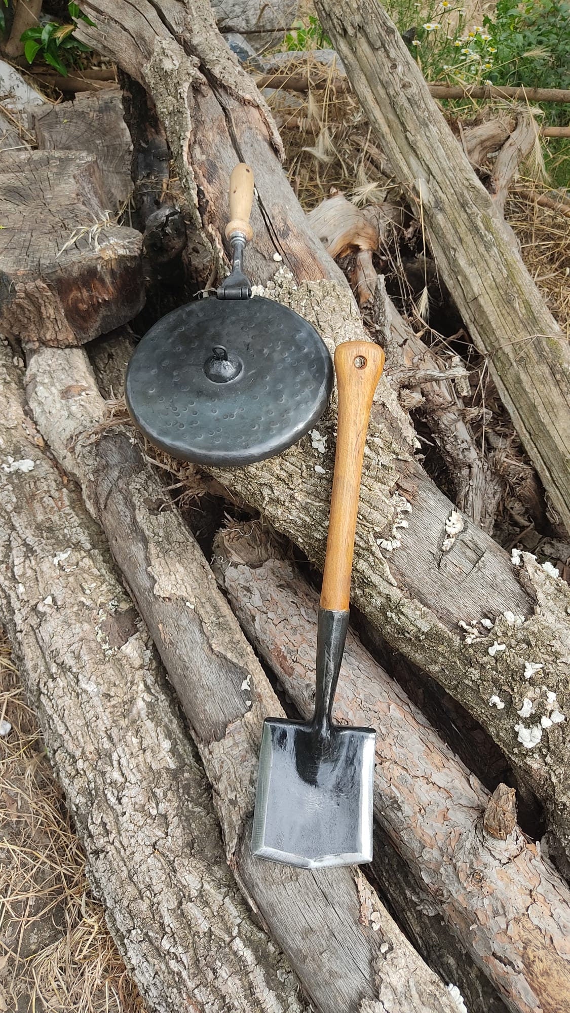 primitive pan and survival shovel set handmade handforged blacksmith