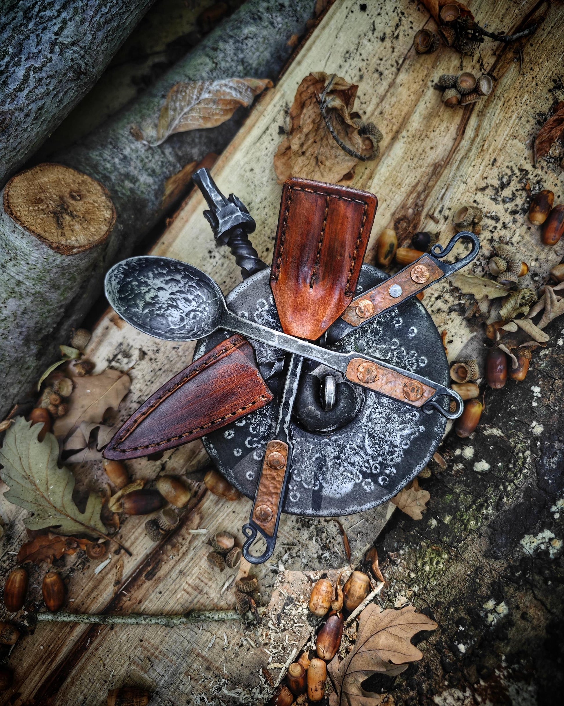 Bushcraft primitive hand forge Viking camp set with genuie leather bag