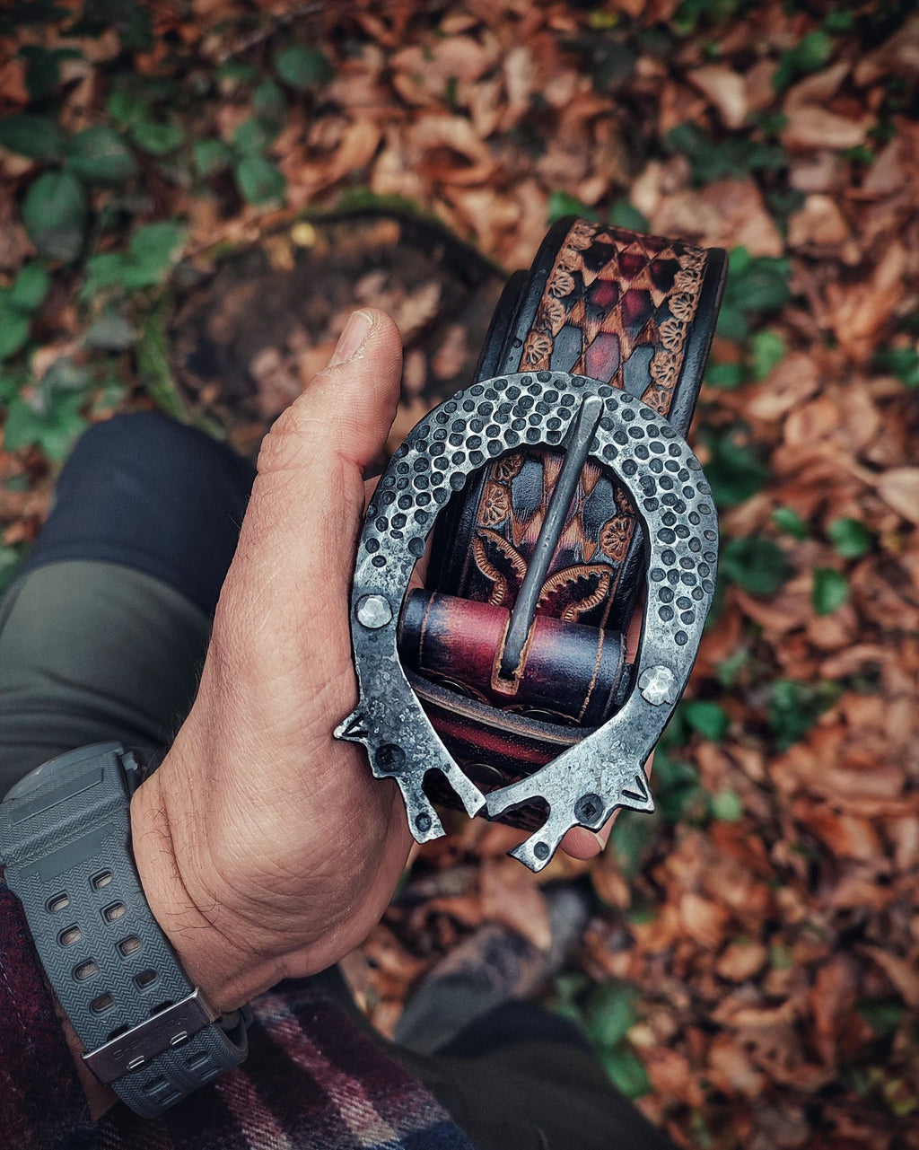Unique Handmade Leather Belt: Twin Dragon Elegance with Blacksmith-Forged Buckle