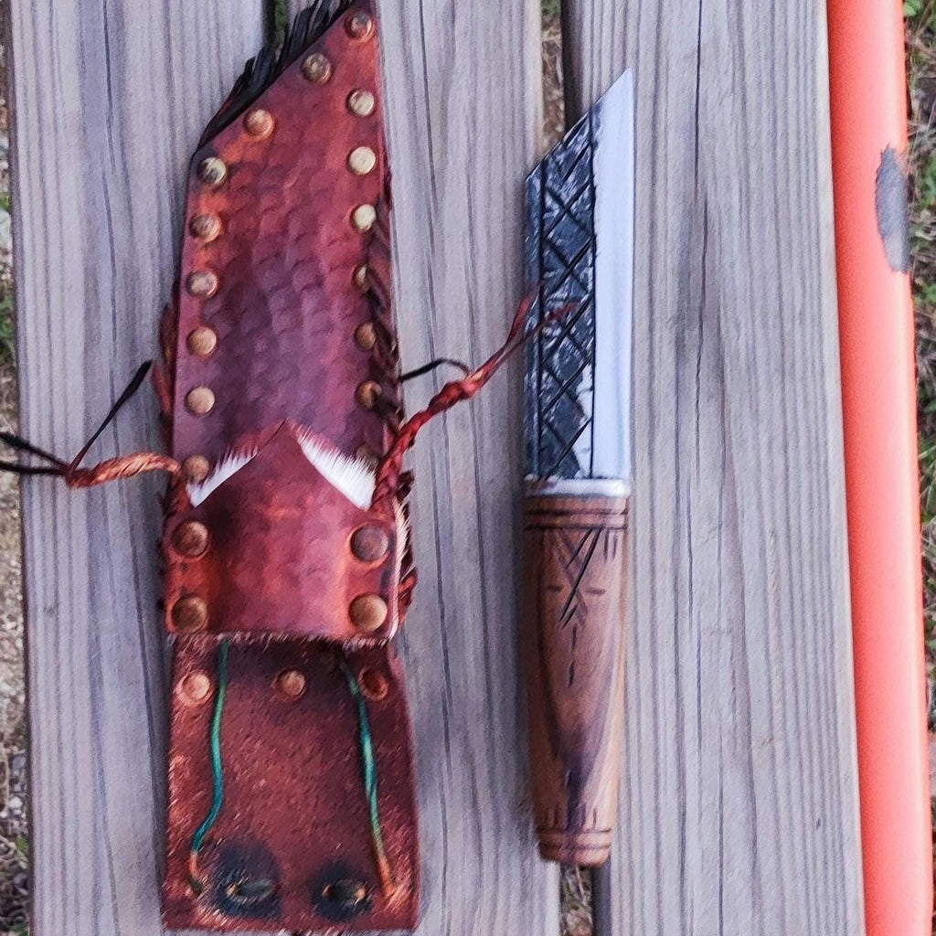 Handmade blacksmith uniquie style custom Viking Ragnar carbon steel hunter bushcraft knife with leather sheath